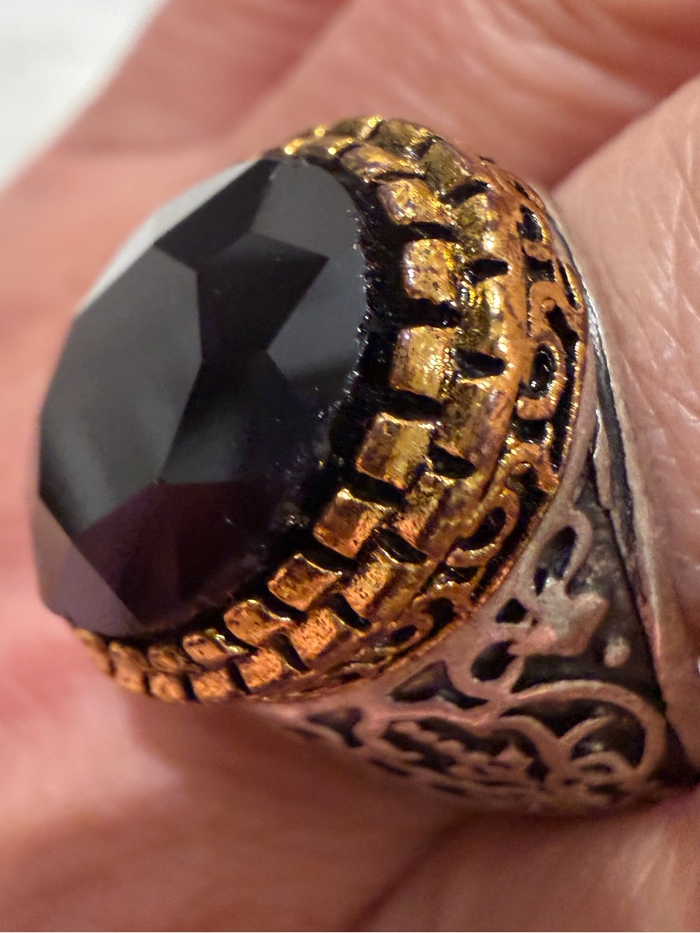 Men's Ottoman Style Statement Ring - Faceted Black Stone Gold & Silver Tone 10.5